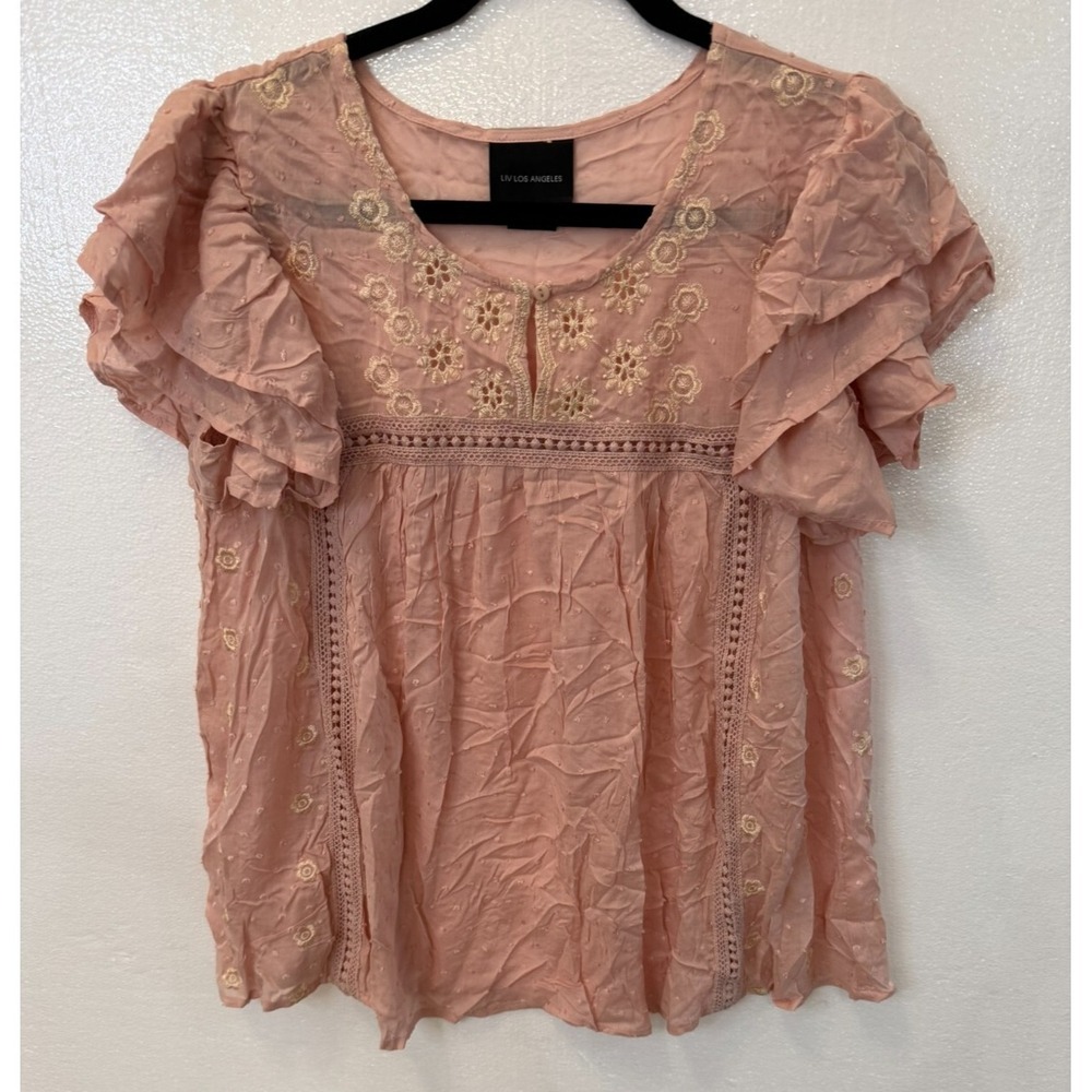 LIV Los Angeles NWOT Pink‎ Embroidery Boho Top Size 2X (Measures to Size XL)